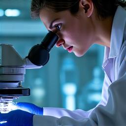 Technicien de laboratoire examinant des échantillons au microscope.