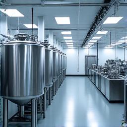 Cuve de mélange industrielle en acier inoxydable dans un environnement propre.